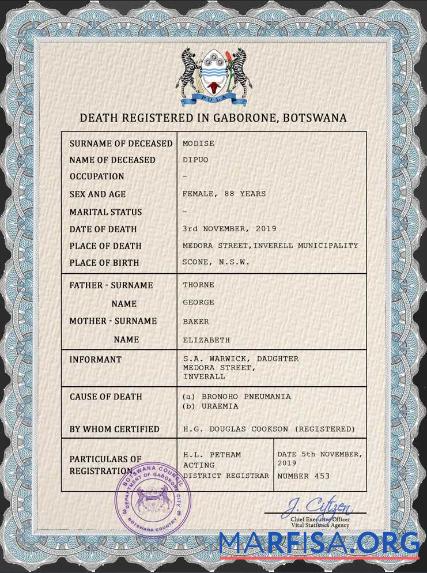 Downloadable Botswana vital record death certificate PSD template